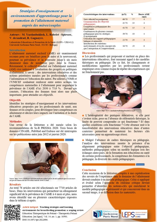 Poster scientifique sur les Stratégies d'enseignement et environnements d'apprentissage pour la promotion de l'allaitement maternel auprès des mères/couples
